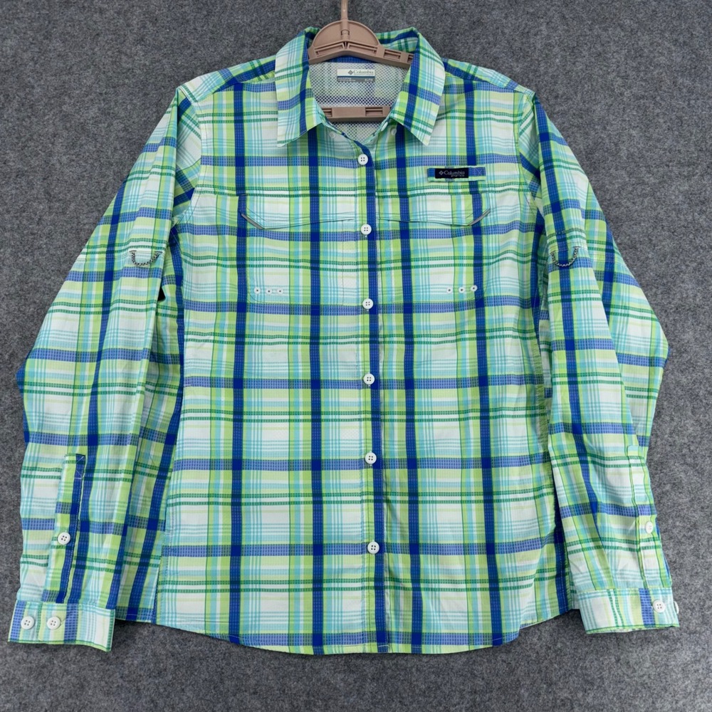 Columbia PFG Tamiami II Plaid Fishing Shirt Womens XL Green Blue Long Sleeve